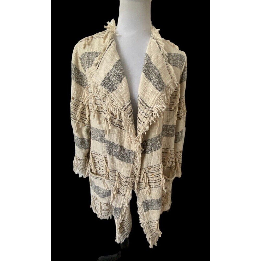World Market Woven Boho Fringe Stripe Open Long Cardigan Jacket Cream Black
